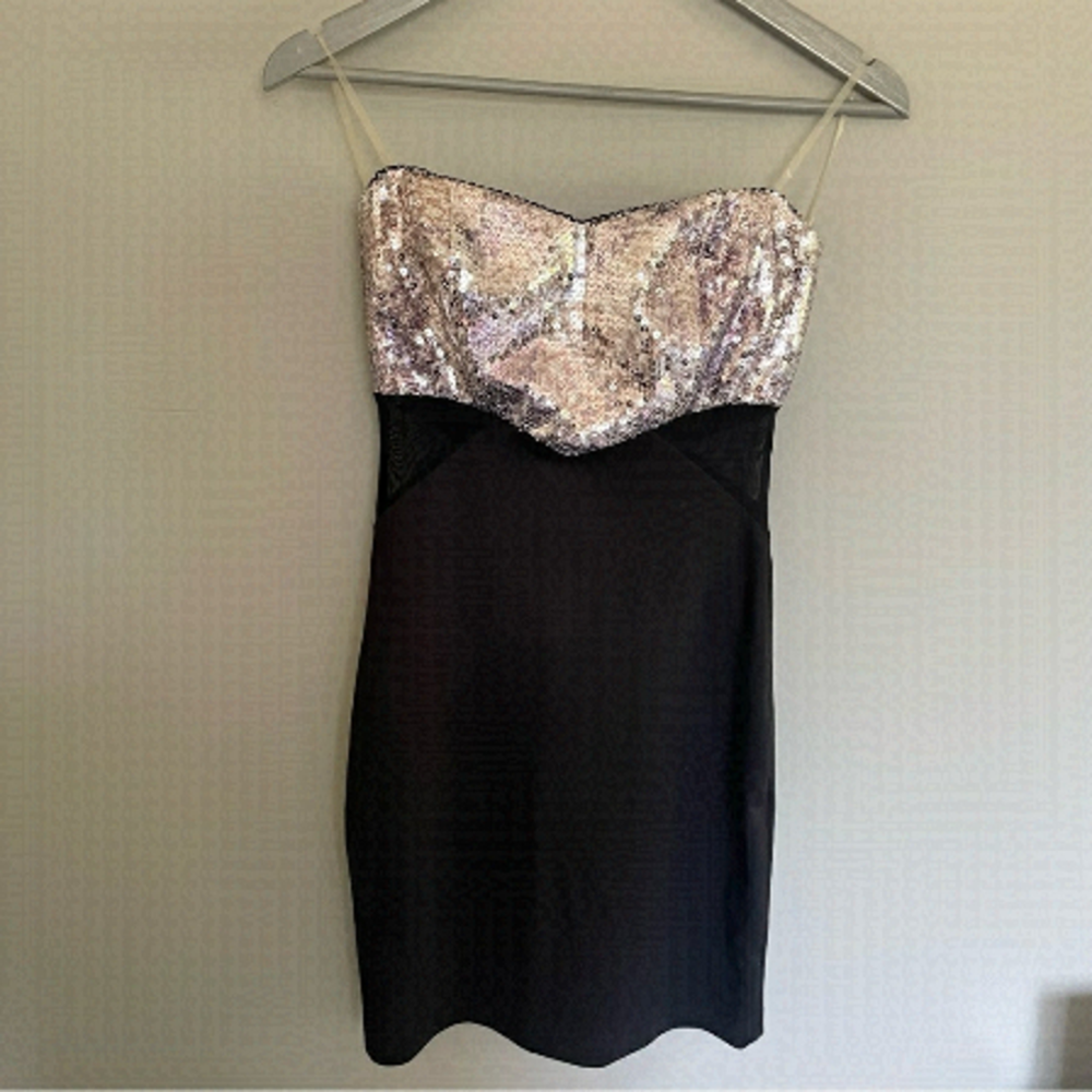 Strapless | Sequence | Mini Dress | Mesh Cut Out | Black | Sparkly | Party Dress